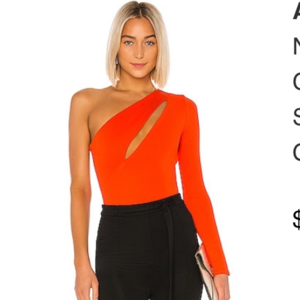 NBD Aaliyah Bodysuit in Red Orange One-Shoulder Red Top